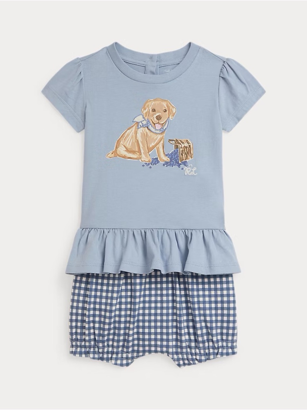 NWT 3-6m Polo Ralph Lauren Dog-Print Cotton Tee & Gingham Bloomer